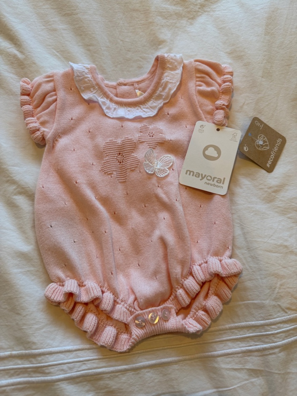 Mayoral Pink Knit Ruffle Baby Romper